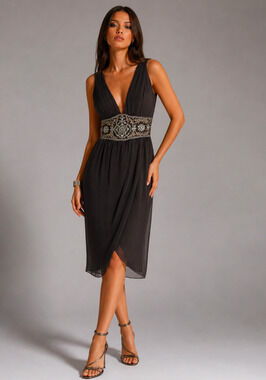 Mandalay Stone Brown Silk Beaded Empire Waist Midi Dress Size 4